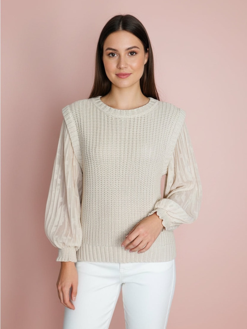 Skies Are Blue Cream V-Neck Knit Sweater with Sheer Patterned Sleeves